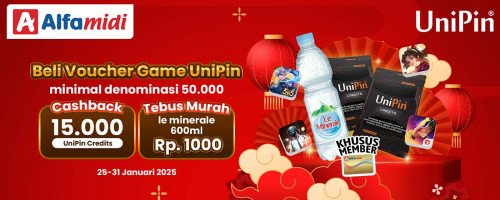 Beli Voucher Game UniPin di Alfamidi, cashback 15.000 UniPin Credits & Tebus Murah Le Mineral 600ml Rp 1.000!